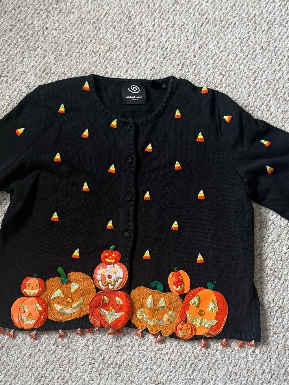 Michael Simon Black Cardigan with Orange Pumpkin Embroidery